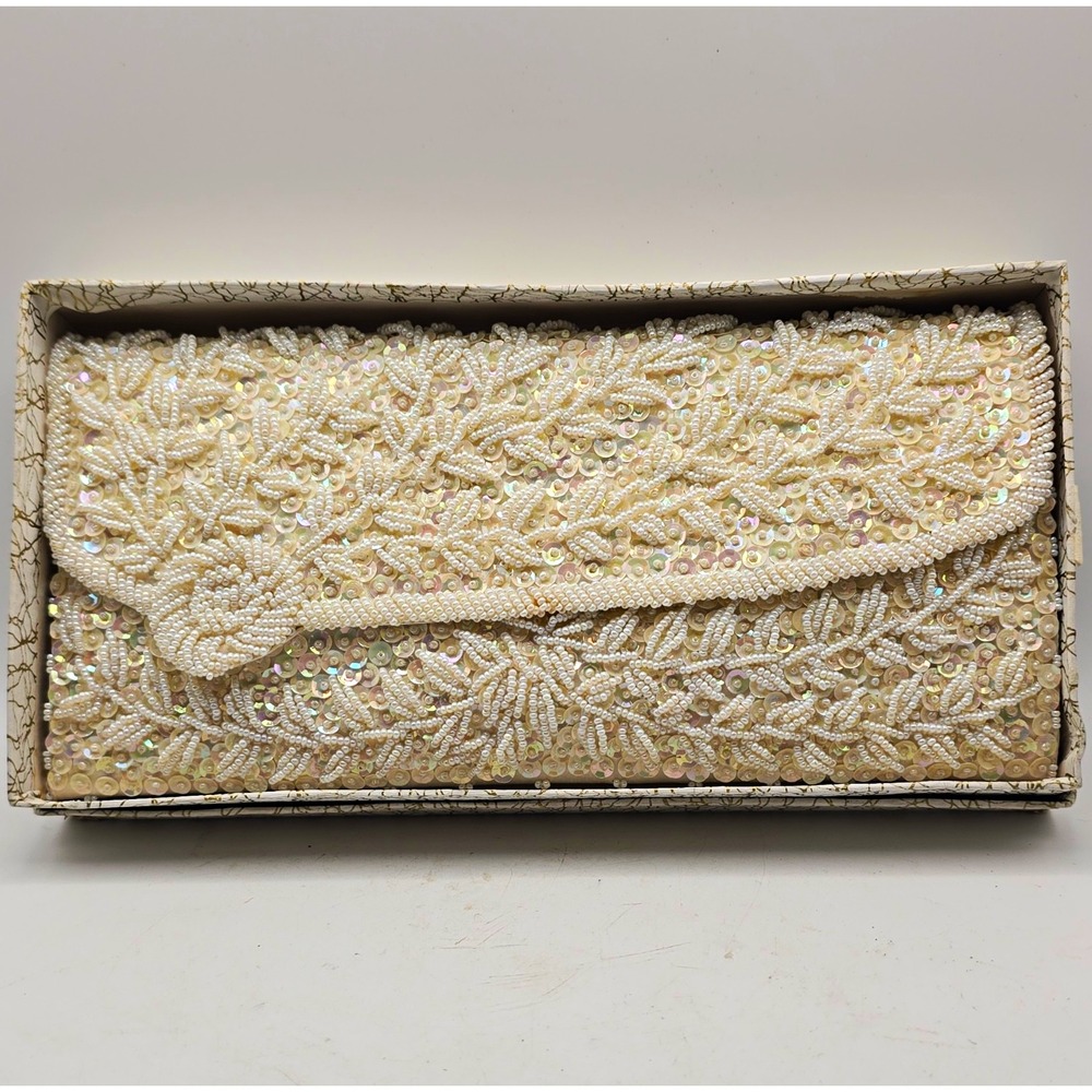 Ivory Floral Beaded Sequin Clutch Snap Closure Rectangle Silver Hardware